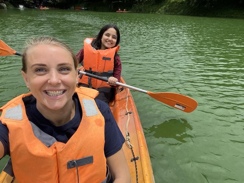 Team kayaking selfie on the lake