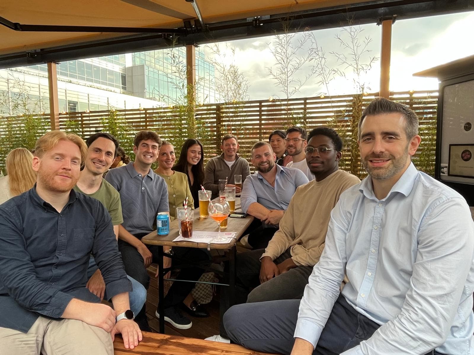 Team gathering at a rooftop bar