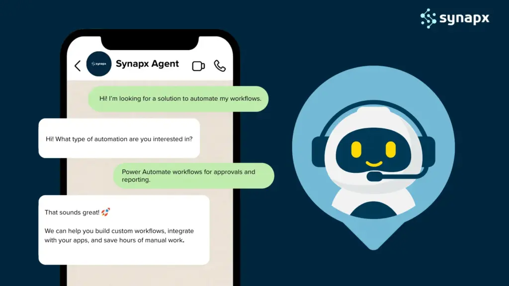 An image showcasing whatsapp agent chat between a client and synapx agent bot integrated via Copilot Studios on whatsapp