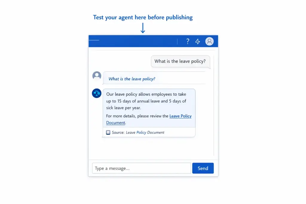 Testing an AI agent in Copilot Studio: conversation example showing user question and agent response with source reference