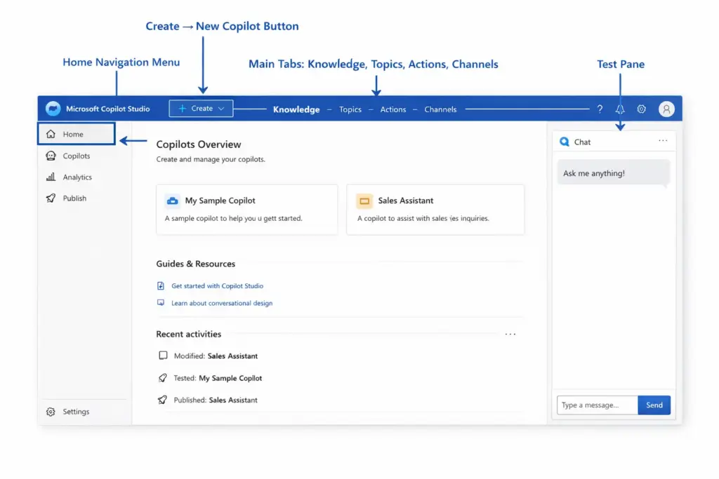 Microsoft Copilot Studio interface showing navigation menu, create agent button, and main tabs for building AI agents in 2026