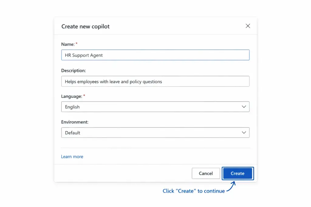 Screenshot showing how to create a new AI agent in Copilot Studio with name, description, language, and environment fields