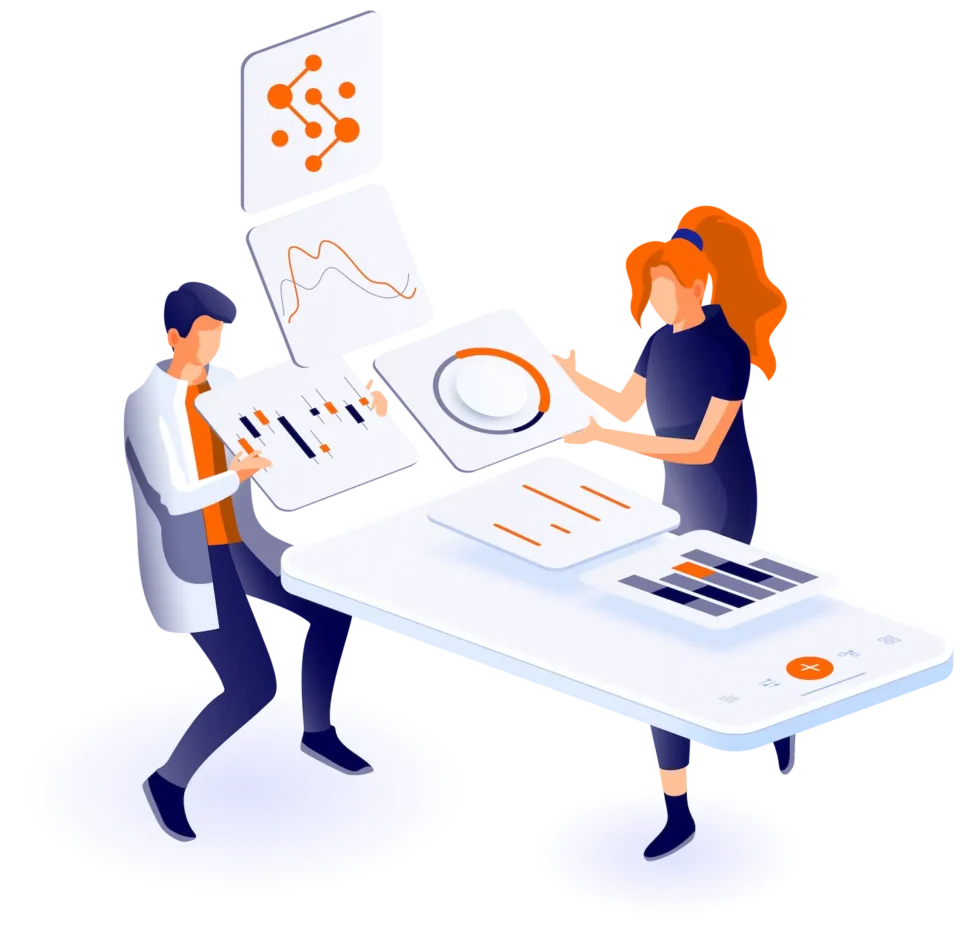 Animated image of two workers creating a custom app from a dashboard