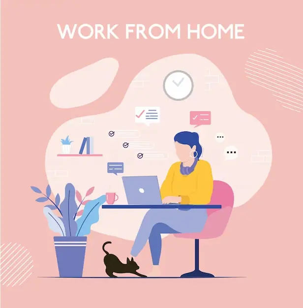 Illustration of woman sat on her desk working from home